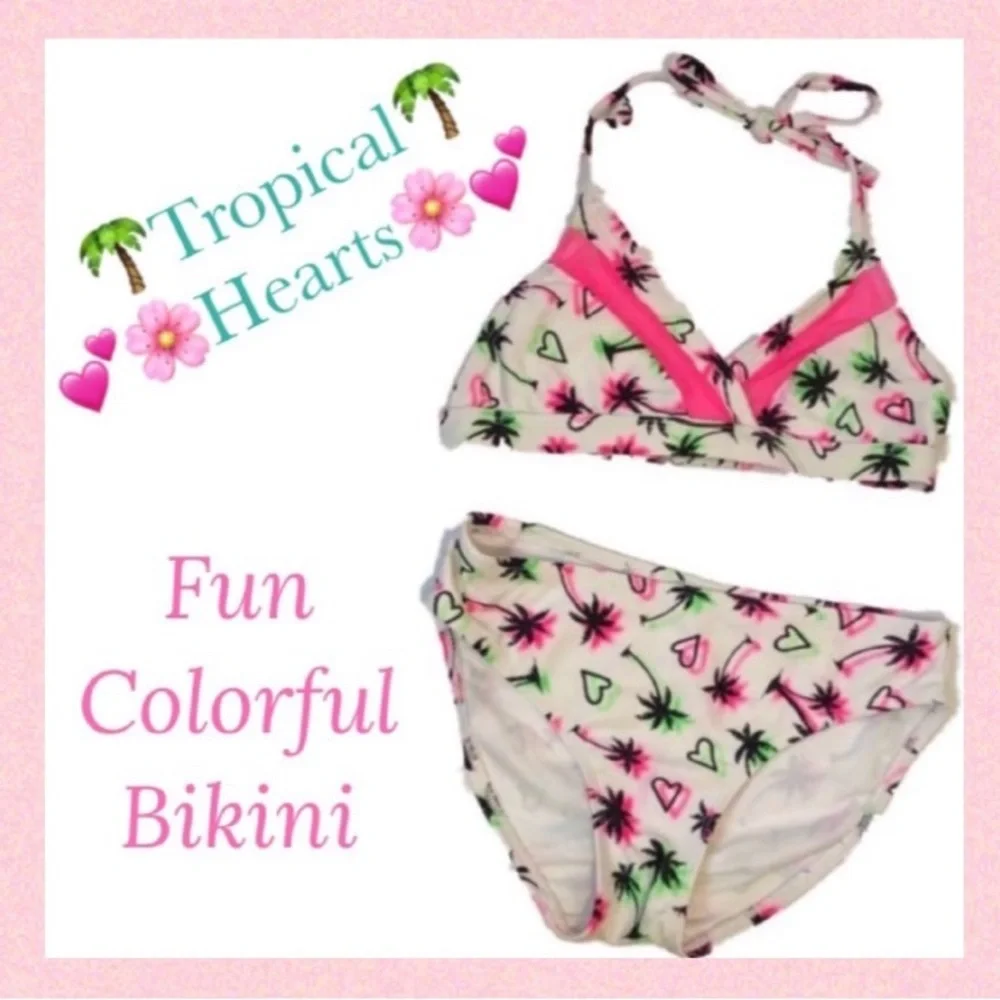Tropical Hearts Bikini 2 Piece Swimsuit Colorful Beach Palm Trees Girls M 7/8